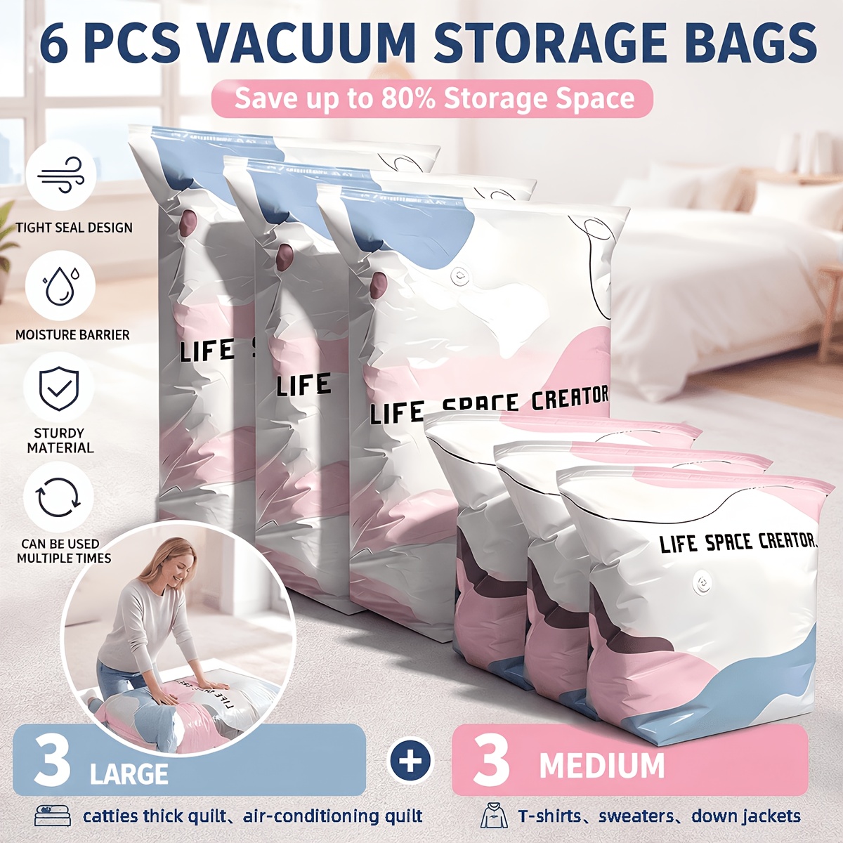 Space Blanket Heavy - 6-Pack Heavy-Duty No-Pump Vacuum Bags, Press-to-Seal